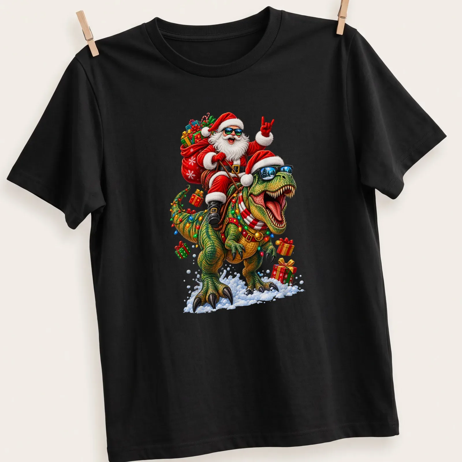 Colorful cartoon Santa riding a dinosaur with gifts for Christmas — printed on a unisex t-shirt