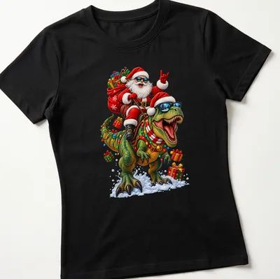 Colorful cartoon Santa riding a dinosaur with gifts for Christmas — printed on a women's shirt