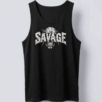 Distressed streetwear t-shirt featuring a skull and bold 'SAVAGE' text — printed on a tank top