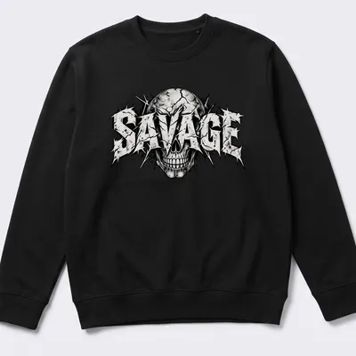 Distressed streetwear t-shirt featuring a skull and bold 'SAVAGE' text — printed on a unisex sweatshirt