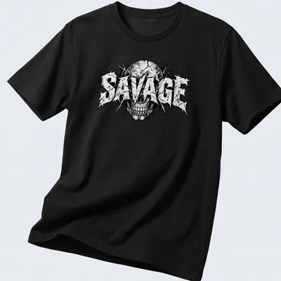 Distressed streetwear t-shirt featuring a skull and bold 'SAVAGE' text — printed on a unisex t-shirt