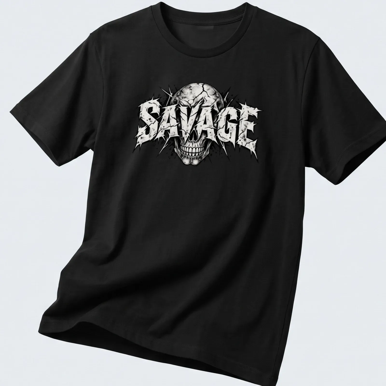 Distressed streetwear t-shirt featuring a skull and bold 'SAVAGE' text — printed on a unisex t-shirt