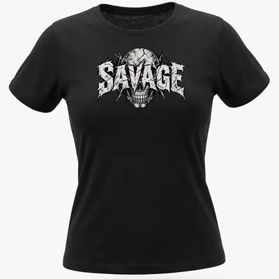 Distressed streetwear t-shirt featuring a skull and bold 'SAVAGE' text — printed on a women's shirt