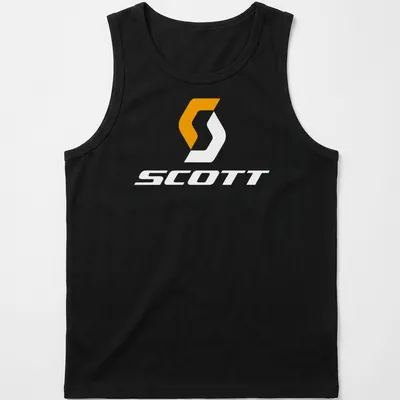 Scott bike logo printed in modern minimalist style with orange and white colors. — printed on a tank top