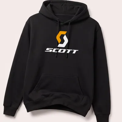 Scott bike logo printed in modern minimalist style with orange and white colors. — printed on a unisex hoodie