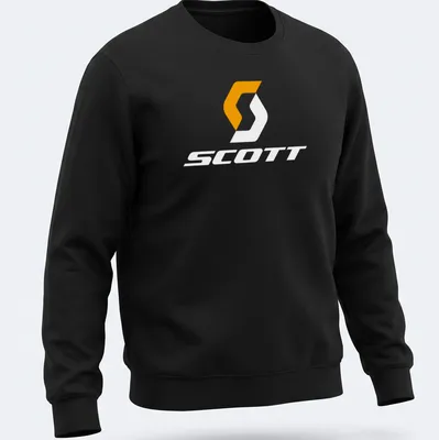 Scott bike logo printed in modern minimalist style with orange and white colors. — printed on a unisex sweatshirt