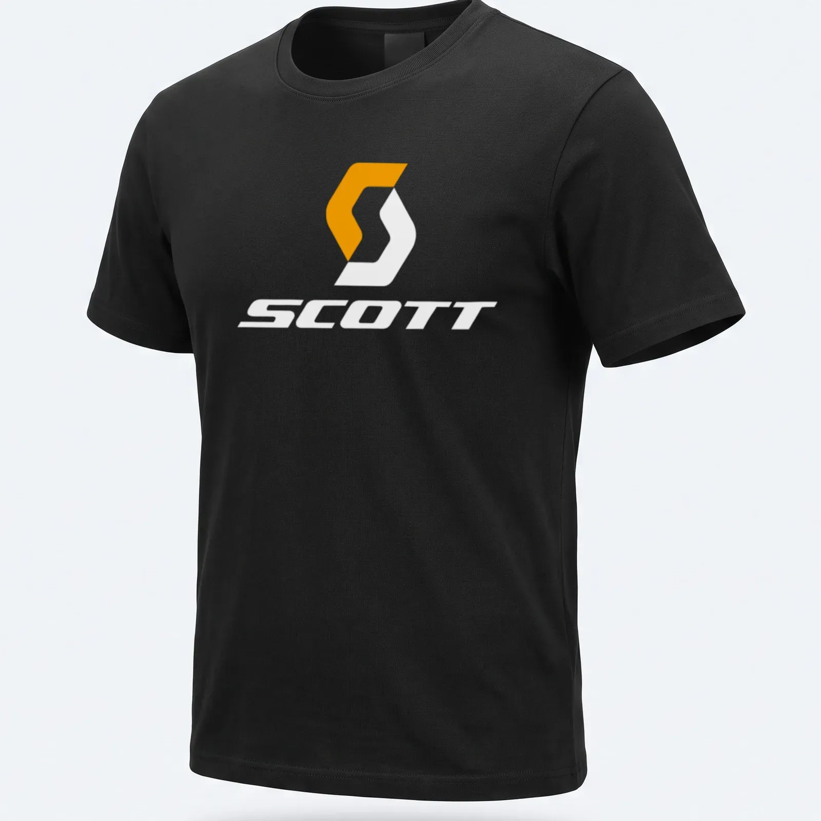 Scott bike logo printed in modern minimalist style with orange and white colors. — printed on a unisex t-shirt