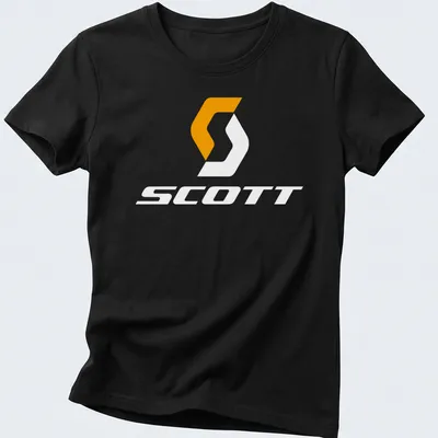 Scott bike logo printed in modern minimalist style with orange and white colors. — printed on a women's shirt