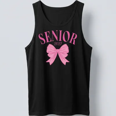 Aesthetic graduation t-shirt with SENIOR 2027 text and a pink bow — printed on a tank top