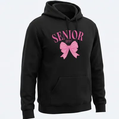 Aesthetic graduation t-shirt with SENIOR 2027 text and a pink bow — printed on a unisex hoodie