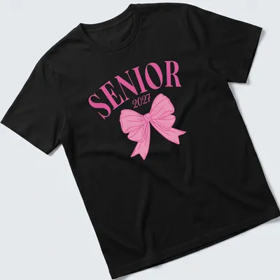 Aesthetic graduation t-shirt with SENIOR 2027 text and a pink bow