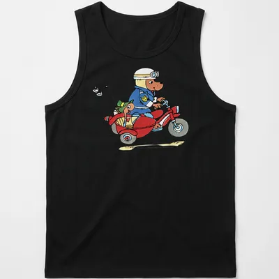 Cartoon of a dog in police uniform on a motorcycle with a worm in a sidecar — printed on a tank top