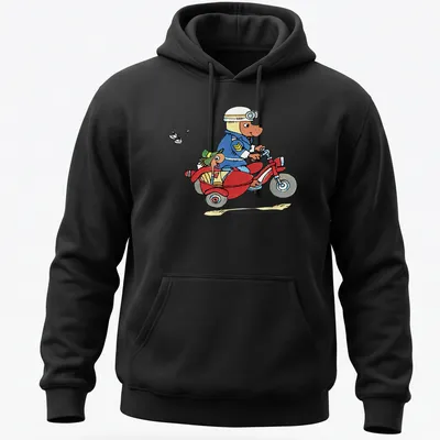 Cartoon of a dog in police uniform on a motorcycle with a worm in a sidecar — printed on a unisex hoodie