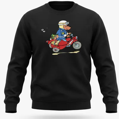 Cartoon of a dog in police uniform on a motorcycle with a worm in a sidecar — printed on a unisex sweatshirt