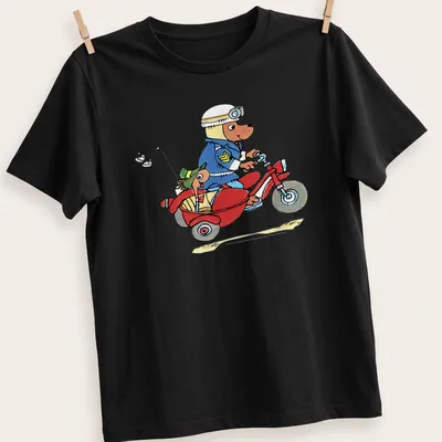 Cartoon of a dog in police uniform on a motorcycle with a worm in a sidecar