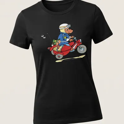 Cartoon of a dog in police uniform on a motorcycle with a worm in a sidecar — printed on a women's shirt