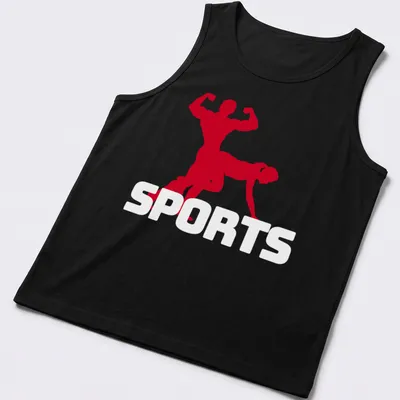 Bold silhouette of a muscular couple with 'Sex Sports' text in red and white. — printed on a tank top