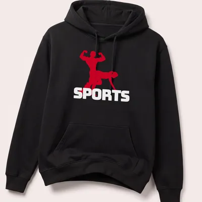 Bold silhouette of a muscular couple with 'Sex Sports' text in red and white. — printed on a unisex hoodie