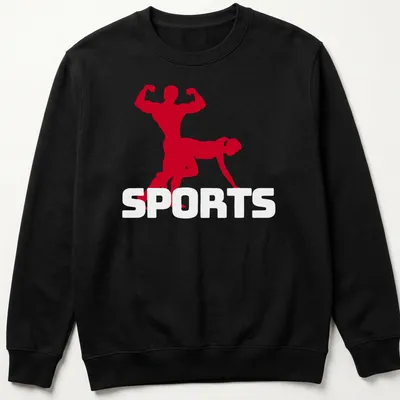 Bold silhouette of a muscular couple with 'Sex Sports' text in red and white. — printed on a unisex sweatshirt