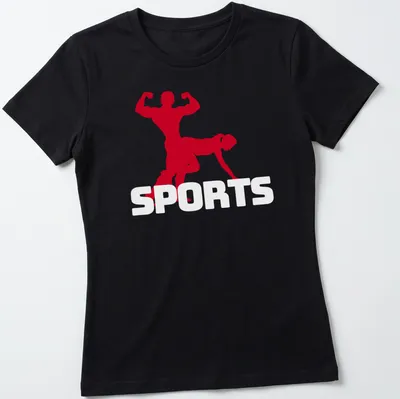 Bold silhouette of a muscular couple with 'Sex Sports' text in red and white. — printed on a women's shirt