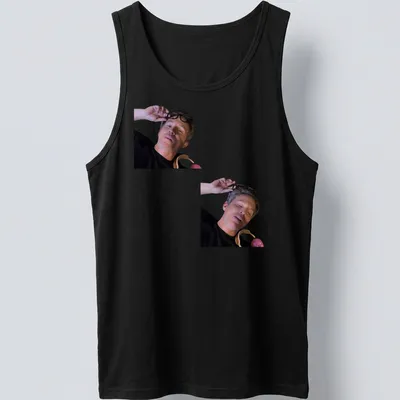Photographic style print of a man with glasses in black, gray, and brown — printed on a tank top