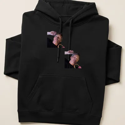 Photographic style print of a man with glasses in black, gray, and brown — printed on a unisex hoodie