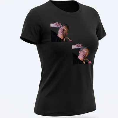 Photographic style print of a man with glasses in black, gray, and brown — printed on a women's shirt