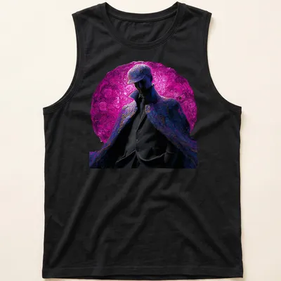 Abstract detective design on a stylish t-shirt with swirls of purple, black, and blue. — printed on a tank top