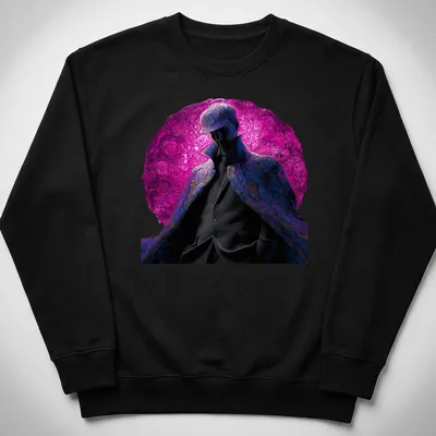 Abstract detective design on a stylish t-shirt with swirls of purple, black, and blue. — printed on a unisex sweatshirt