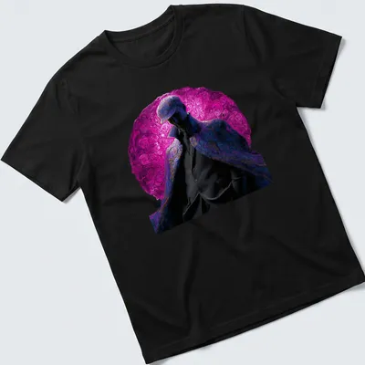 Abstract detective design on a stylish t-shirt with swirls of purple, black, and blue. — printed on a unisex t-shirt