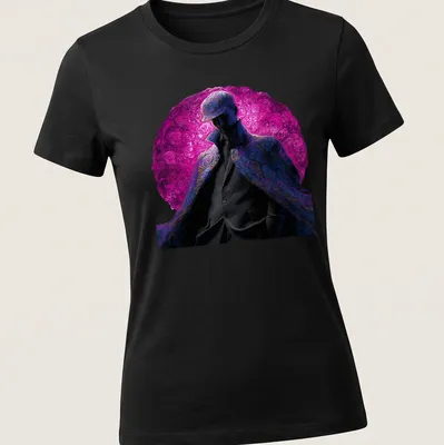 Abstract detective design on a stylish t-shirt with swirls of purple, black, and blue. — printed on a women's shirt