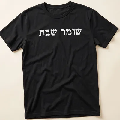 Minimalist Hebrew text reading Shomer Shabbat Shalom on white — printed on a unisex t-shirt