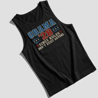 Vintage distressed t-shirt featuring the text 'OBAMA '28 SINCE RULES DON'T EXIST ANYONE' in blue, red, and cream. — printed on a tank top