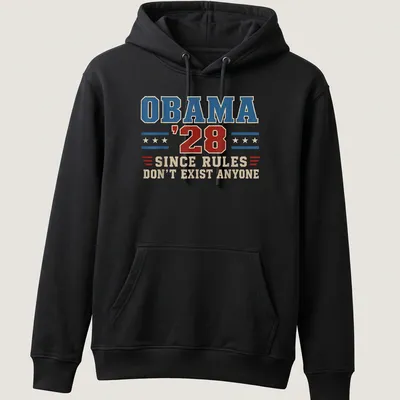 Vintage distressed t-shirt featuring the text 'OBAMA '28 SINCE RULES DON'T EXIST ANYONE' in blue, red, and cream. — printed on a unisex hoodie
