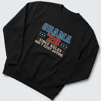 Vintage distressed t-shirt featuring the text 'OBAMA '28 SINCE RULES DON'T EXIST ANYONE' in blue, red, and cream. — printed on a unisex sweatshirt
