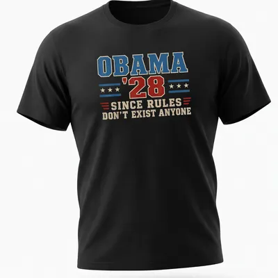Vintage distressed t-shirt featuring the text 'OBAMA '28 SINCE RULES DON'T EXIST ANYONE' in blue, red, and cream. — printed on a unisex t-shirt