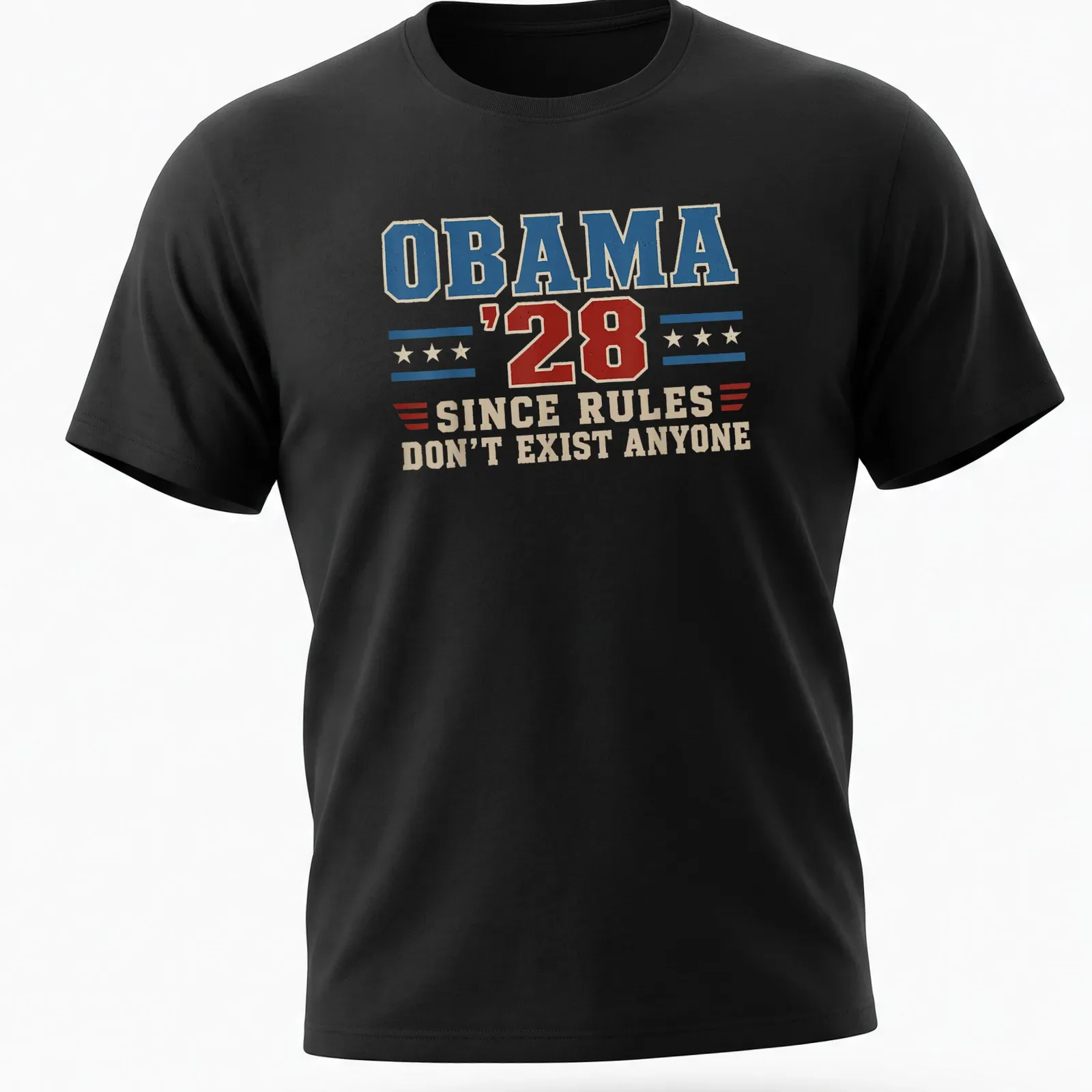 Vintage distressed t-shirt featuring the text 'OBAMA '28 SINCE RULES DON'T EXIST ANYONE' in blue, red, and cream. — printed on a unisex t-shirt