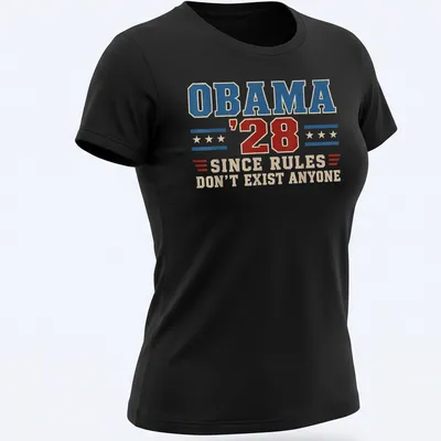 Vintage distressed t-shirt featuring the text 'OBAMA '28 SINCE RULES DON'T EXIST ANYONE' in blue, red, and cream. — printed on a women's shirt