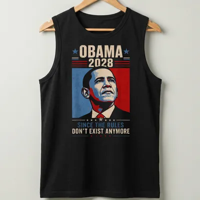 Vintage-style Obama 2028 shirt with political slogan in red, blue, cream, and black — printed on a tank top
