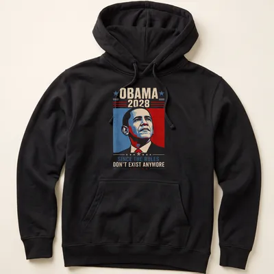 Vintage-style Obama 2028 shirt with political slogan in red, blue, cream, and black — printed on a unisex hoodie