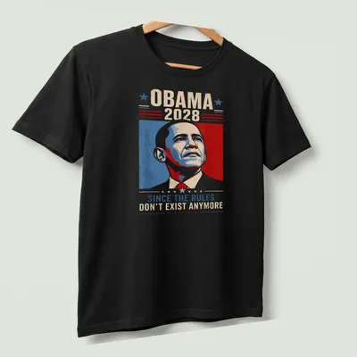 Vintage-style Obama 2028 shirt with political slogan in red, blue, cream, and black — printed on a unisex t-shirt (angled view)
