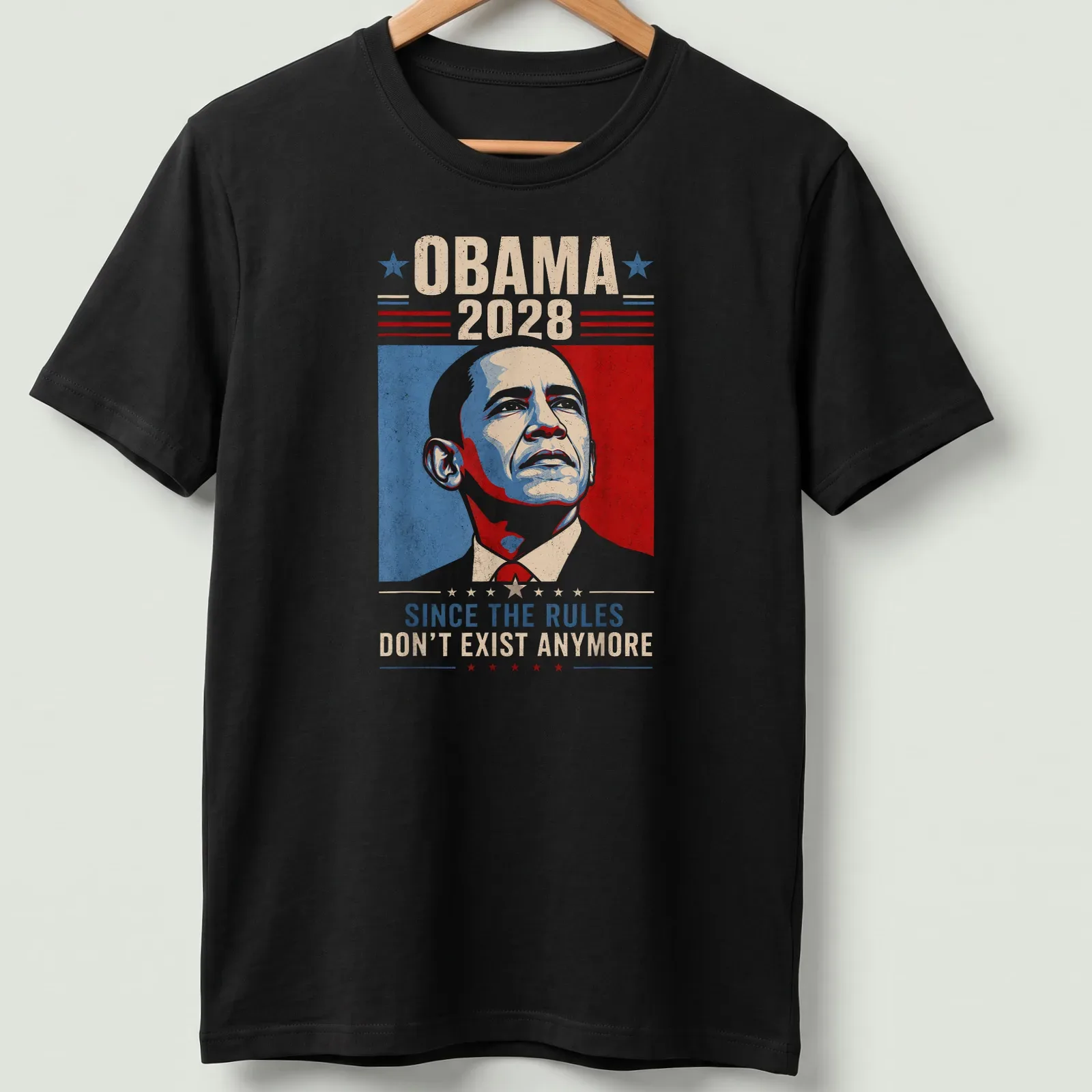 Vintage-style Obama 2028 shirt with political slogan in red, blue, cream, and black — printed on a unisex t-shirt