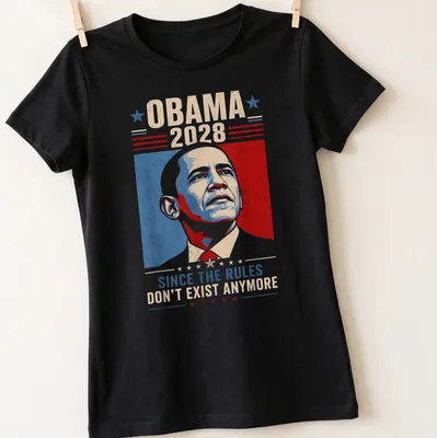 Vintage-style Obama 2028 shirt with political slogan in red, blue, cream, and black — printed on a women's shirt