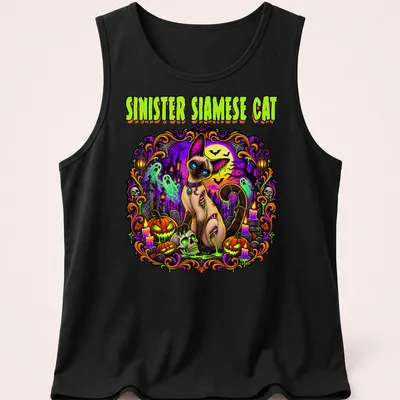 Illustration of a Siamese cat in Halloween colors with spooky elements — printed on a tank top