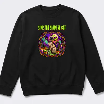 Illustration of a Siamese cat in Halloween colors with spooky elements — printed on a unisex sweatshirt