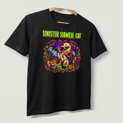 Illustration of a Siamese cat in Halloween colors with spooky elements — printed on a unisex t-shirt (angled view)