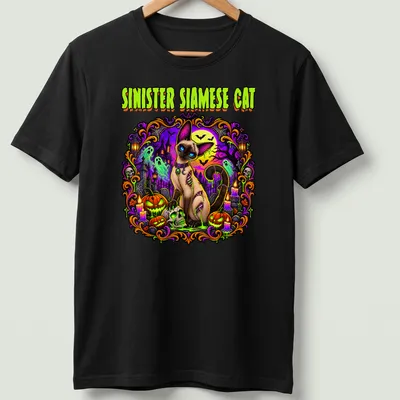 Illustration of a Siamese cat in Halloween colors with spooky elements — printed on a unisex t-shirt