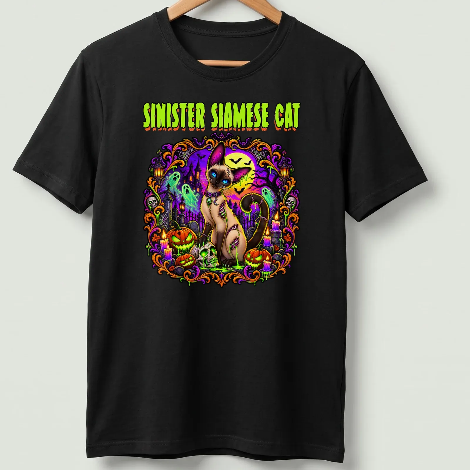Illustration of a Siamese cat in Halloween colors with spooky elements — printed on a unisex t-shirt