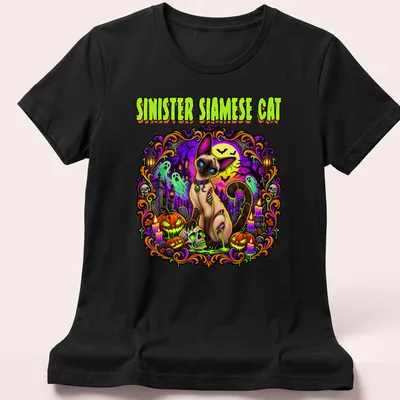 Illustration of a Siamese cat in Halloween colors with spooky elements — printed on a women's shirt