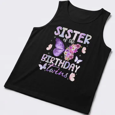 Watercolor butterflies and flowers with text 'SISTER of the BIRTHDAY twins' in playful script. — printed on a tank top
